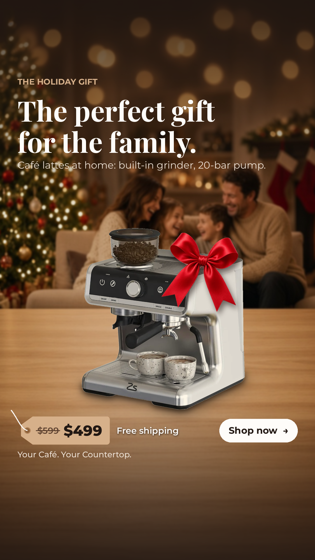 The holiday gift: the Cremaire espresso machine with a red bow, now $499 instead of $599, free shipping. Shop now.