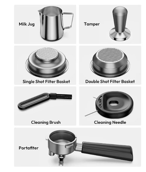 Included accessories: milk jug, tamper, single and double shot filter baskets, cleaning brush, cleaning needle and portafilter
