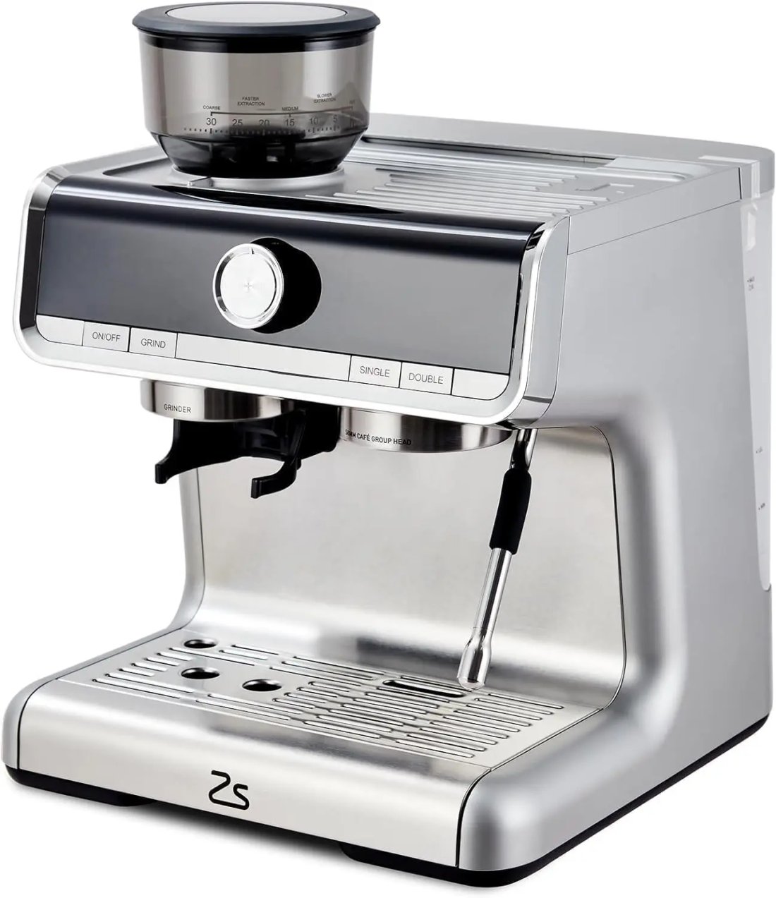 Side profile showing the water tank and drip tray